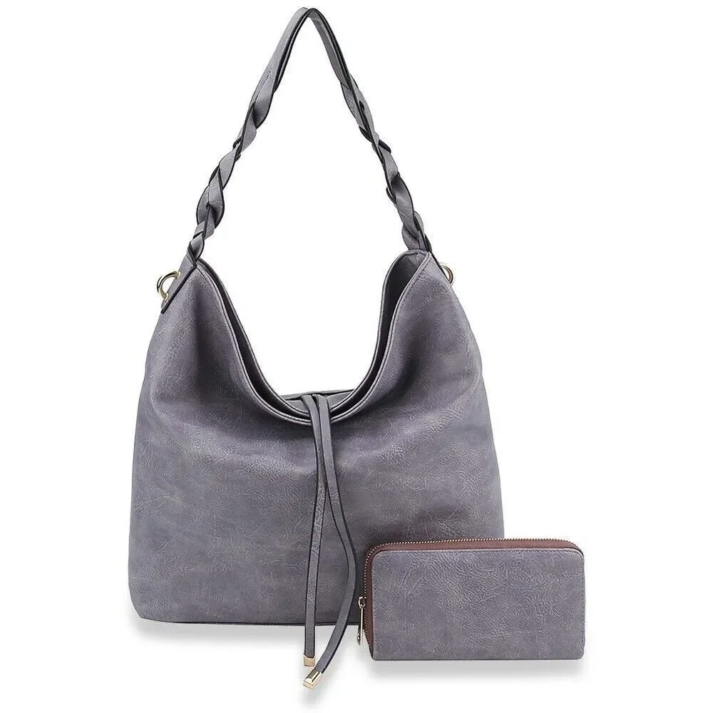 Embossed Twisted Handle Classic Hobo Shoulder Bag with Wallet